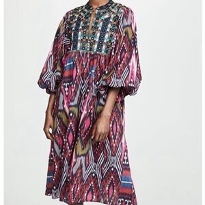 Figue Nora Ikat Full Sleeve Embroidered Print Salome Cherry Red Midi Dress